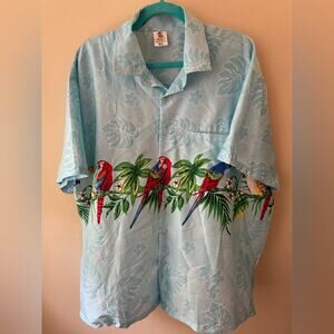 Rima Beachwear Blue Tropical Parrot Print Aloha Shirt XL